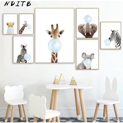 Baby Animal Blue Bubble Poster Nursery Canvas Wall Art Print Zebra Giraffe Painting Nordic Kids Decoration Picture Bedroom Decor
