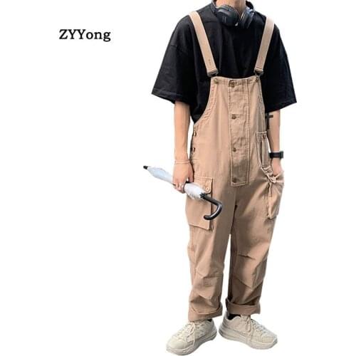 Summer New Men Jumpsuit Bib Loose Freight Cargo Pants Overalls Suspender Leisure Khaki Gray Rompers Trousers
