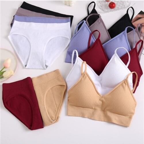 2PC Bra Set Women Sexy Bralette Sexy Female Underwear Lingerie Ribbed Tops Seamless Wire Free Bra and Sexy Tanks Tops Panty Set