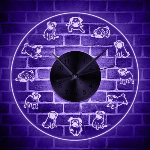 Pug LED Wall Clock Cartoon Dogs Neon Sign Lighted Wall Watch Great Pug Lover Gift Doggie Pet Animals Color Changing Wall Light