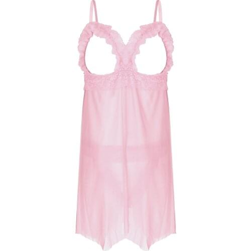 Mens Lace Trim Lingerie Set Sissy Crossdress Costume Nightwear Open Front Split See-through Mesh Nightdress with T-back Thongs