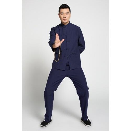 Plus Size Chinese Mens Solid Kung Fu Suit 100% Cotton Loose Wu Shu Tai Chi Sets Jacket&Trousers M L XL XXL 3XL 4XL
