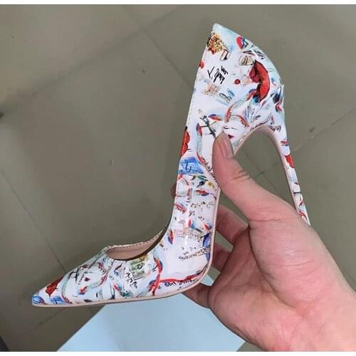 Sexy Red Lips Tower Printing Pumps Thin Heels Party Dress Shoes Woman Multi-color Floral Wedding Shoes 12 10 8cm Pumps
