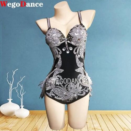 Silver Rhinestone Feather Spandex Bodysuit Prom Party Sleeveless Outfit Women Dancer Singer Show Bar Jazz Dance Wear