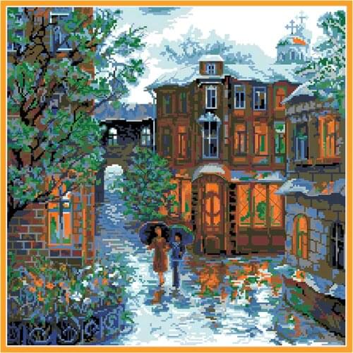 Rainy Season Counted Cross Stitch Kit Printed Canvas Landscape Embroidery Needlework Sets 11CT 14CT DIY Home Decoration Painting