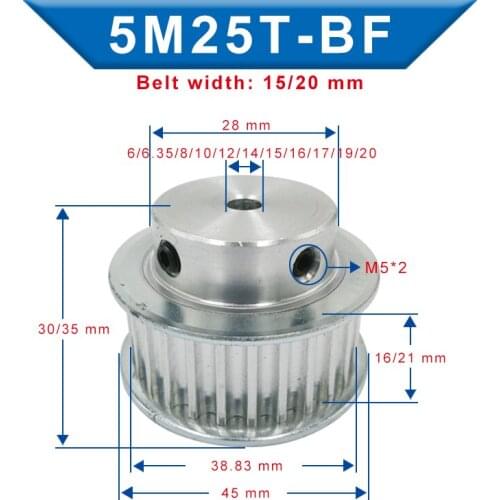 Timing Pulley 5M-25T Bore 6/6.35/8/10/12/12.7/14/15/16/17/19/20 mm Aluminum Belt Pulley For Width 15/20 mm 5M-synchronous belt