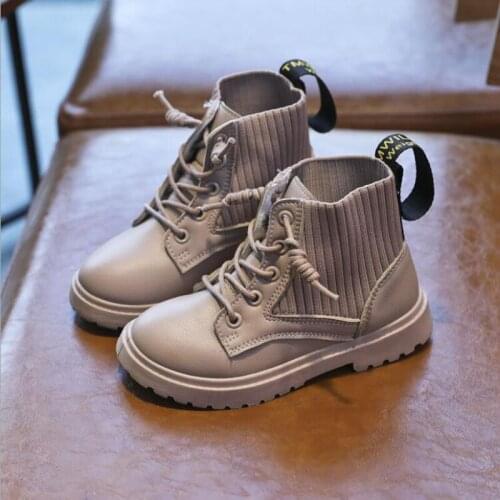 2020 Autumn Winter Kids Leather Boots Boys Knitted Ankle Boots Girls Lace-up Martin Boots Size 27-38