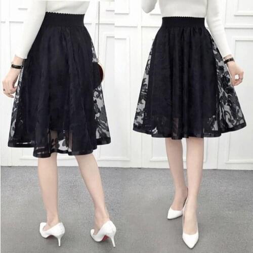 UPPIN Women Summer High Waist Tutu Skirt Sexy Kawaii Knee-Length Girls Skirts Lace Flower Solid Black Short Skirt Elastic Faldas