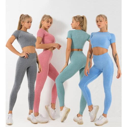 Womens Yoga Set Seamless Knitted Fitness Sports Solid Color Short Sleeve Trousers Yoga Clothing
