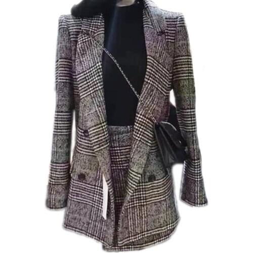 Plaid Office Lady Jacket Skirt Two Sets Elegant Formal Warm Coat Jacket Top With Skirt Suit Winter Autumn Womens Suit