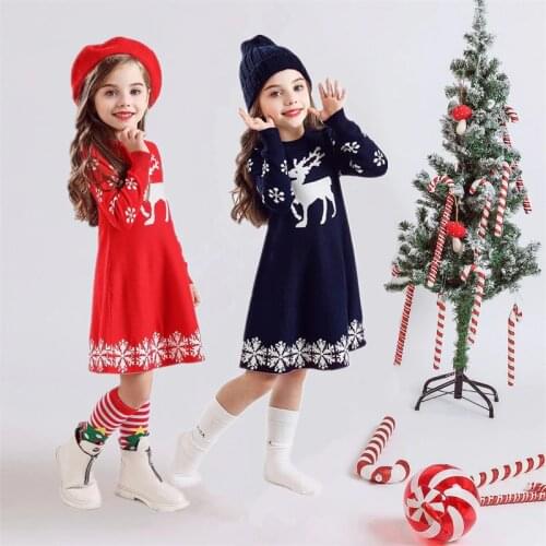 Girl Winter Dress 2020 Christmas Dress for Girls Full Sleeve Warm Knitting Autumn Children Clothing Elk Kids New Year Costume