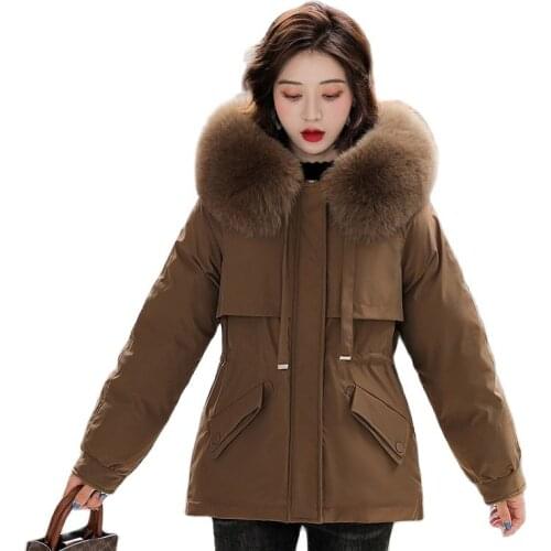 Winter 2021 Womens Coats New Big Fur Collar Mid-Length Female Jacket Korean Fashion Slim Plush Inner Parker Cotton Jacket