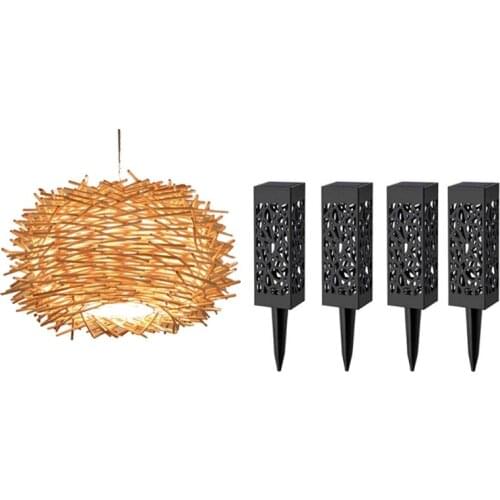 1 Pcs 30cm LED Hand-Woven Rattan Lampshade & 4 Pcs LED Solar Garden Lights Outdoor Lawn Light Path Lamp