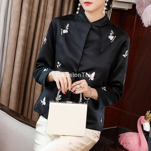2021 chinese traditional satin embroidery top qipao shirt for woman cheongsam style shirt full sleeve tang blouse for ladies