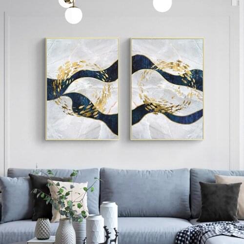 Abstract Gold Fish Marble Texture Canvas Painting Blue Wall Art Modern Pictures Posters and Prints for Living Room Home Decor