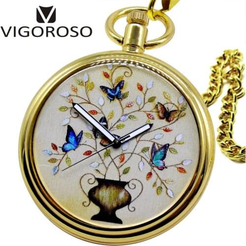VIGOROSO Antique Gold Steel Open Face Self-Wind Automatic Mechanical Pocket Watch Fob Chain New Style Flower Butterfly Dial