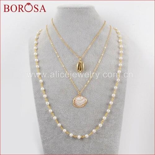 BOROSA 3/4/5PCS 26inch Gold Color Trim Cowrie Shell Sea Shell With Pearl Beads Chains Necklace Scallop Shell Jewelry G1636
