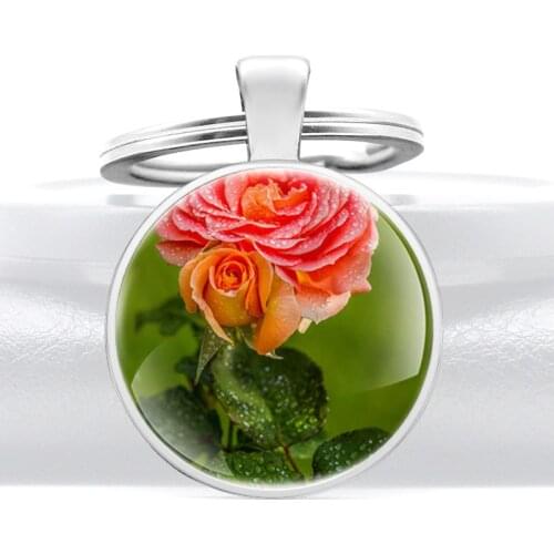 Charm Flower Glass Dome Key Chain Fashion Men Women Jewelry Key Rings