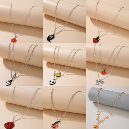 Docona Gothic Halloween Pumpkin Ghost Pendant Necklace for Women Layered Adjustable Butterfly Cosplay Party Jewelry Collar