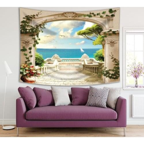 Tapestry Cloudy Sky Seagulls Flying over Ocean View from Ancient Arched Handle Entrance Stairs with Beige Green Blue Scene Print