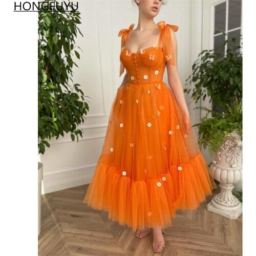 HONGFUYU Orange Tulle Prom Dresses Bow Straps Formal Evening Gown Daisies Butterflies Tea Length Party Dress robes de cocktail