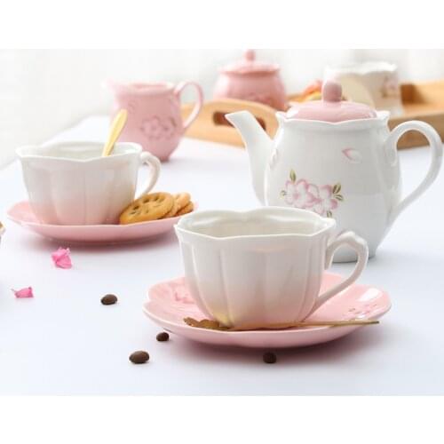 Japanese style cherry blossom ceramic embossed mugs coffee cup set tea cup and pot set afternoon tea ceramic cup and saucer
