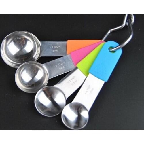 50sets/lot,4 colours 4pcs Stainless Steel Measuring Spoon Silicone Handle Measuring Cup Scoop for Liquid Powder Cake Tools