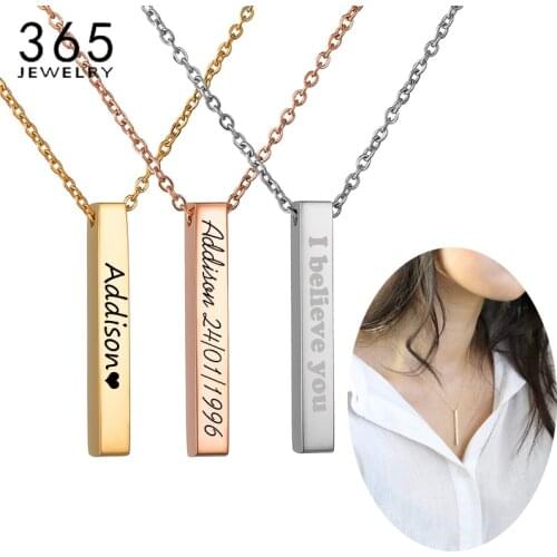 Fashion Stainless Steel Engrave 4 Sides Custom Name Geometry Necklace Women Men Personalized Square Bar Necklace Creative Gift