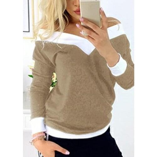 Fashion Long Sleeve Cotton Women T Shirts Sexy V Neck Off Shoulder T-shirts Autumn Pink Gray Black T-shirt White Patchwork Tops