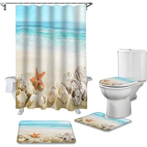 Marine Starfish Shell Ocean Beach Waterproof Fabric Bathroom Curtain Shower Curtains Set Rugs Toilet Lid Cover Bath Mat