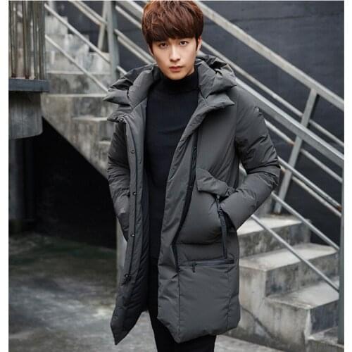 Mens Winter Coat Warm Grey Duck Down Jacket Middle Long Hooded Men Parka Padded Mens Jackets Casacos Masculino WXF376