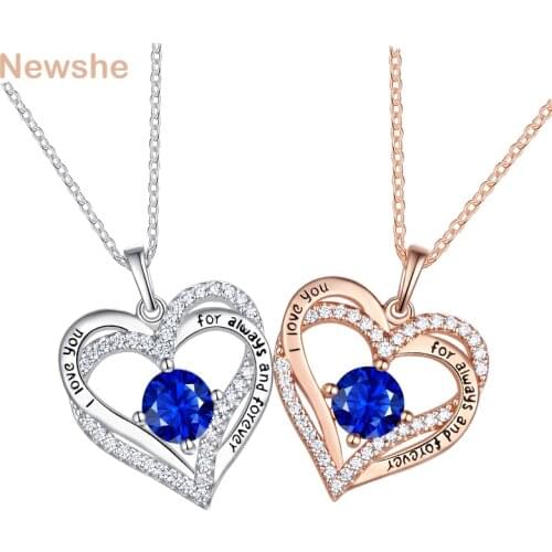 Newshe 0.8Ct Sapphire Solid 925 Sterling Silver Rose Gold Double Hearts Romantic Pendant Necklace For Women AAAA CZ Love Jewelry