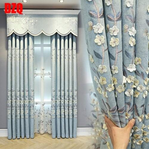 New Curtain Embroidered Fresh Embossed Shading Gray-blue Chenille Finished Product Curtains for Living Dining Room Bedroom