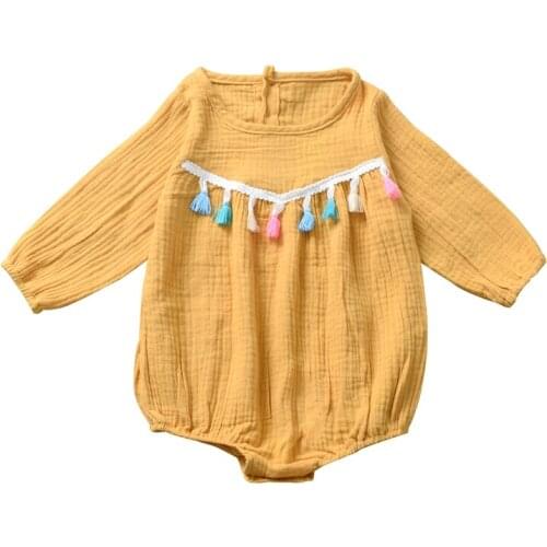 2019 NEW Toddler Baby Girl Long Sleeve Tassel Solid Bodysuit Jumpsuit Clothes Set Size 0-24M