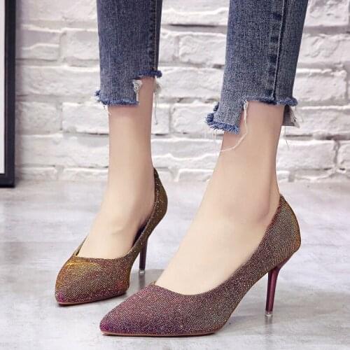 New Spring And Autumn Ladies High Heels Sequins Luxury Pointed Mature Wild Light Fashion High Quality Womens Shoes W27-05