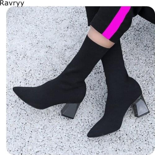 Newest Arrival Elastic Woman Ankle Boots thick heel knit woolen yarn bootees Black Female Short Boot Autumn Winter Dress Shoes
