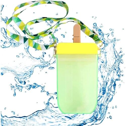 300ml Popsicle Shape Water Bottles Plastic Transparent Juice Drinking Cup Student Mug With Shoulder Strap And Straw Fot Travel