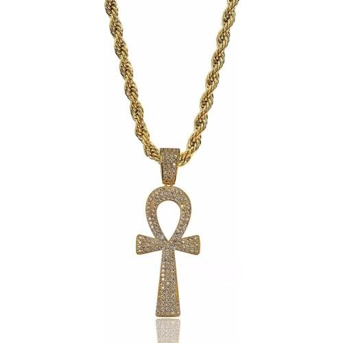 Full Rhinestone Paved Bling Ice Out Egyptian Ankh Cross Pendants Necklaces Gold Silver Color Copper Mens Hip Hop Rapper Jewelry
