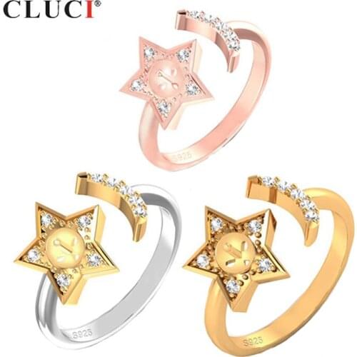 CLUCI Silver 925 Cute Star and Moon Ring Women Pearl Ring Mounting Adjustable 925 Sterling Silver Open Zircon Rings SR2204SB