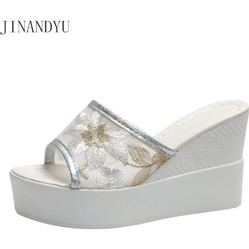 Lace Slipper Womens Shoes Platform Wedges High Heels Women Slippers Sandals Casuales Fashion Summer Wedge Heel Wedding Slippers