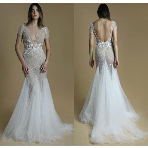 Fashion V Neck Mermaid Dresses Capped Short Sleeve 3D Floral Appliques Bridal Gowns Sweep Train Vintage Illusion Wedding Dress