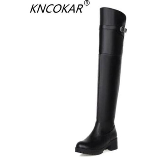 Thin autumn winter long boots round head side zipper thick heel womens shoes belt buckles knight boots waterproof platform 2 cm