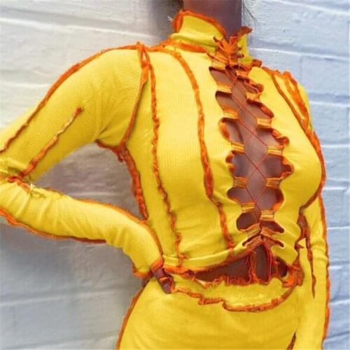 Spring Ribbed Patchwork Hot Sexy Hollow Out T-Shirts For Women 2021 Autumn Turtleneck Long Sleeve Bodycon Clubwear Crop Tops