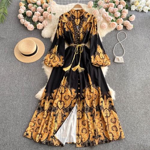 Vintage Palace Style Print Mixi Dress Summer Womens V-Neck Single-Breasted Puff Sleeve Lace Elegant Long Dress Female Vestidos