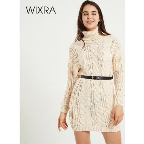 Wixra Chunky Turtleneck Sweater Dress With Belt Womens Autumn Winter Solid High Stretch Knitted Short Dresses