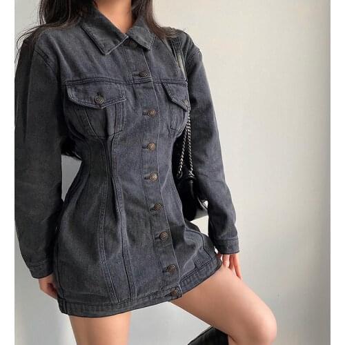WOMENGAGA Korean Long Sleeve High Waist Multi-pocket Mini Dress Women Lapel Single Breasted Slim Washed Denim Dresses GR7X