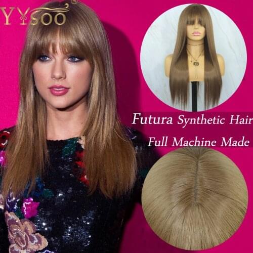 YYsoo #10 Brown Color Long Silky Straight Futura Synthetic No Lace Wigs Heat Resistant Full Machine Made Blonde Wig With Bangs