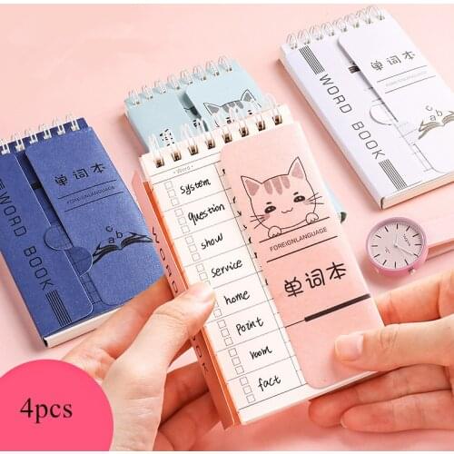 4 Pcs Creative Stationery Notepad English Word Coil Book Cartoon Cat Vocabulary Travel Diary Notebook Hand Memo Book