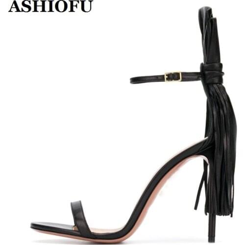 ASHIOFU 2020 New Fashion Custom Sexy Womens High Heels Sandals Black Matte Tassels Ladies Open-toe Shoes Club Evening Shoes