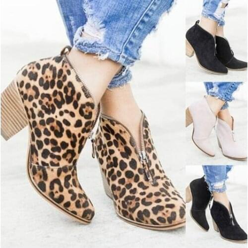 Europe Womens Boots Ankle High-heel Autumn Winter 2020 New Leopard Print Shoes Woman Boots Fashion Zip Point Sexy 35-43